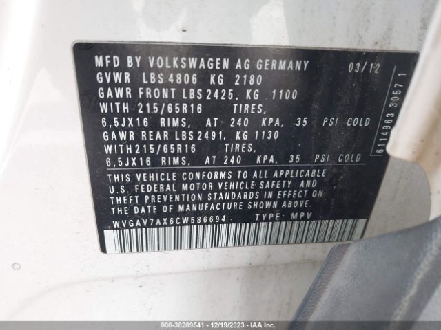 Photo 8 VIN: WVGAV7AX6CW586694 - VOLKSWAGEN TIGUAN 