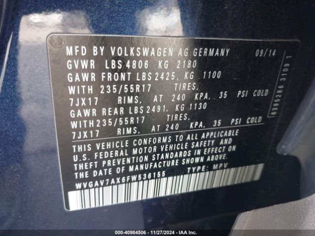 Photo 8 VIN: WVGAV7AX6FW536155 - VOLKSWAGEN TIGUAN 