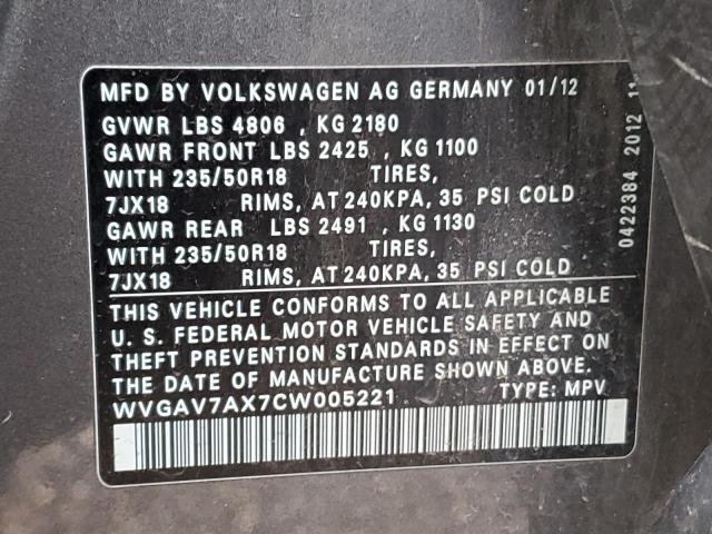 Photo 12 VIN: WVGAV7AX7CW005221 - VOLKSWAGEN TIGUAN S 