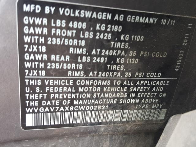 Photo 9 VIN: WVGAV7AX8CW002831 - VOLKSWAGEN TIGUAN S 