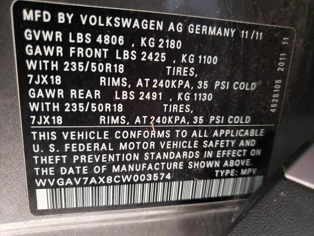 Photo 13 VIN: WVGAV7AX8CW003574 - VOLKSWAGEN TIGUAN S 