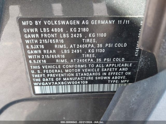 Photo 8 VIN: WVGAV7AX8CW004109 - VOLKSWAGEN TIGUAN 