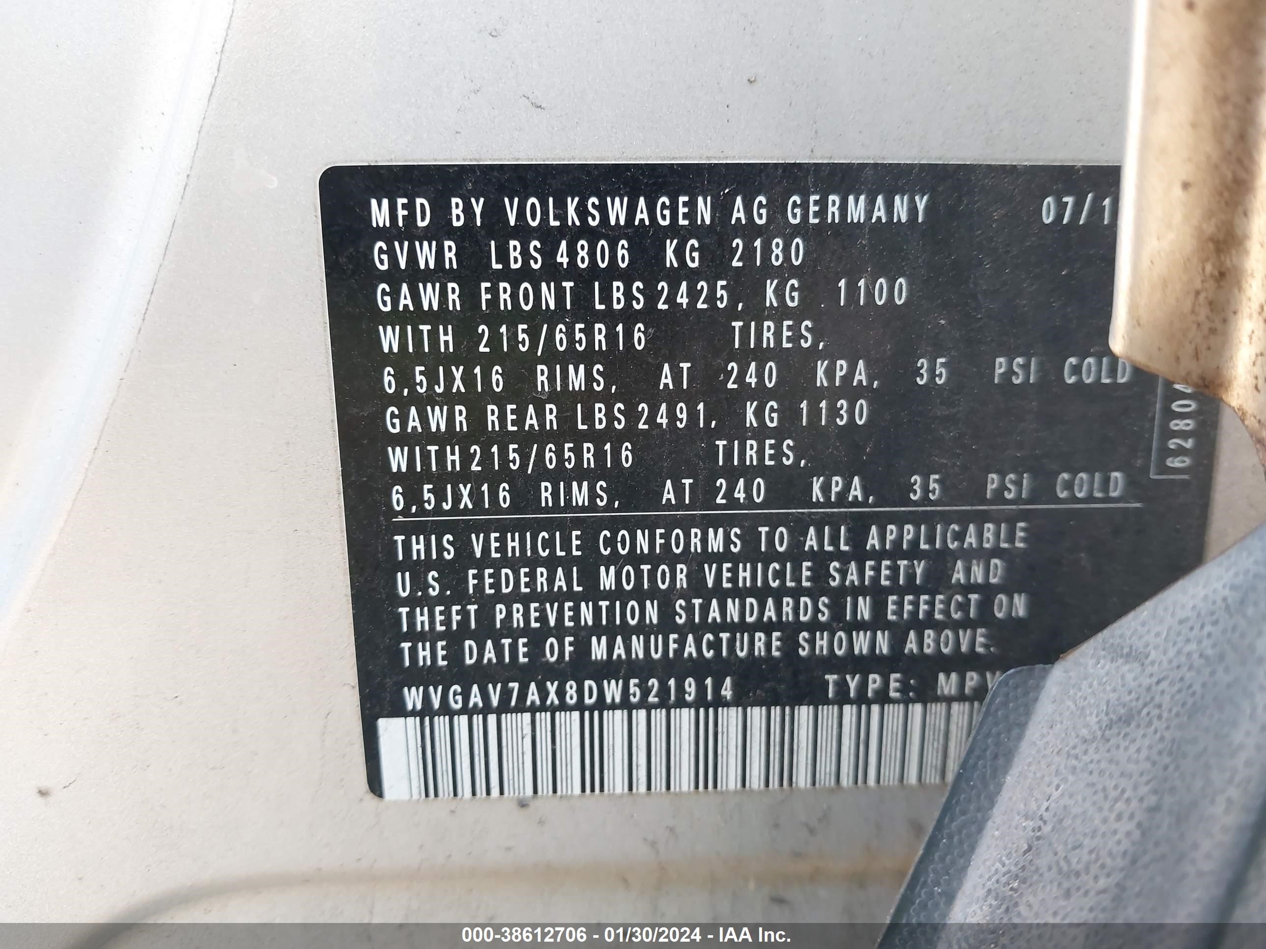 Photo 8 VIN: WVGAV7AX8DW521914 - VOLKSWAGEN TIGUAN 