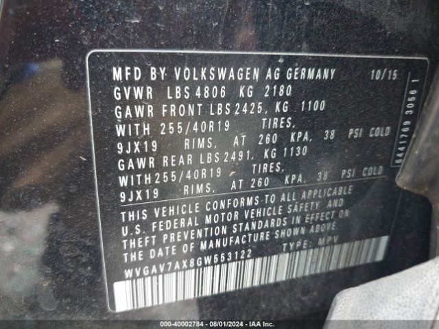 Photo 8 VIN: WVGAV7AX8GW553122 - VOLKSWAGEN TIGUAN 