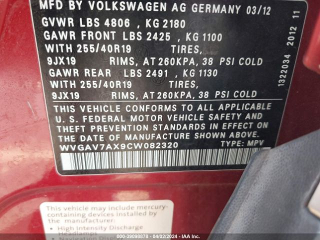 Photo 8 VIN: WVGAV7AX9CW082320 - VOLKSWAGEN TIGUAN 