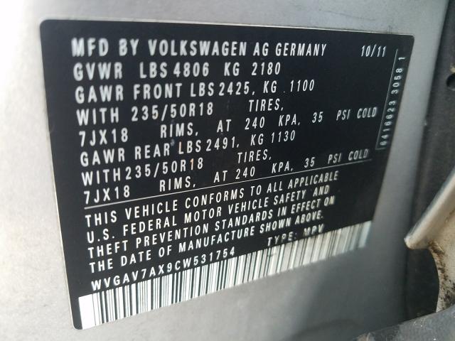 Photo 9 VIN: WVGAV7AX9CW531754 - VOLKSWAGEN TIGUAN 