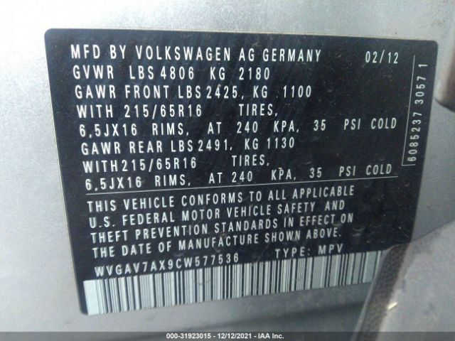 Photo 8 VIN: WVGAV7AX9CW577536 - VOLKSWAGEN TIGUAN 