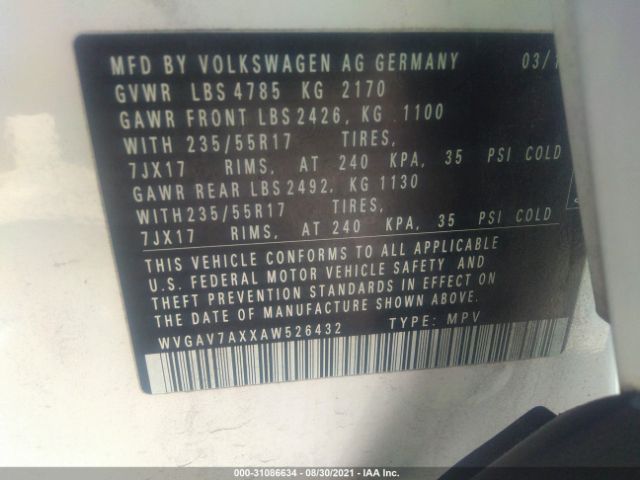 Photo 8 VIN: WVGAV7AXXAW526432 - VOLKSWAGEN TIGUAN 