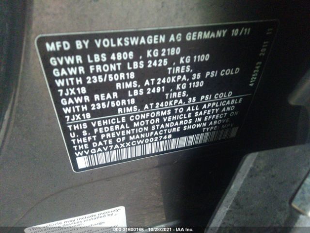 Photo 8 VIN: WVGAV7AXXCW002748 - VOLKSWAGEN TIGUAN 