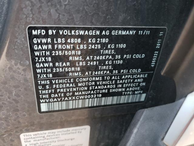 Photo 9 VIN: WVGAV7AXXCW003219 - VOLKSWAGEN TIGUAN S 