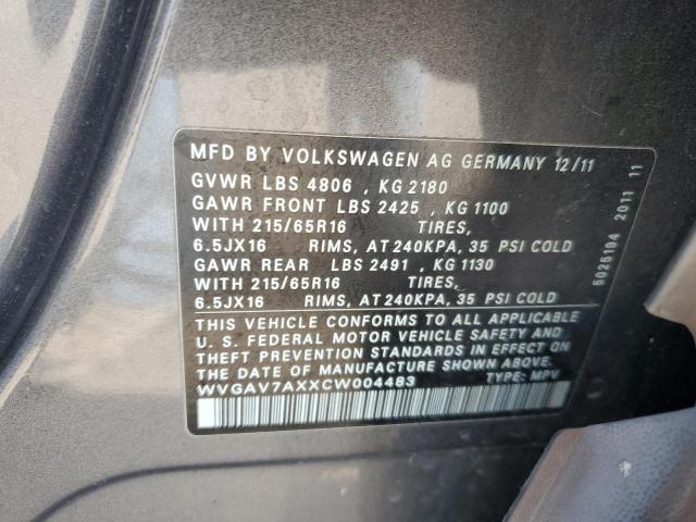 Photo 12 VIN: WVGAV7AXXCW004483 - VOLKSWAGEN TIGUAN S 