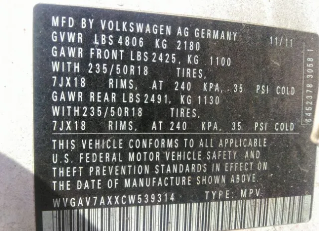 Photo 8 VIN: WVGAV7AXXCW539314 - VOLKSWAGEN TIGUAN 