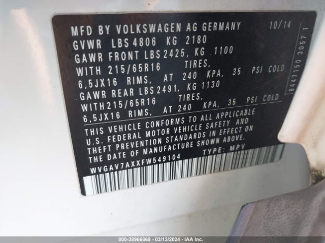 Photo 8 VIN: WVGAV7AXXFW549104 - VOLKSWAGEN TIGUAN 