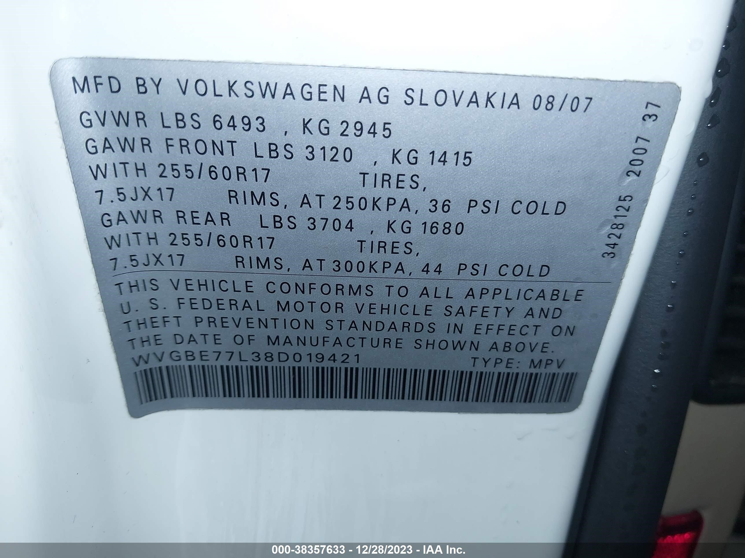 Photo 8 VIN: WVGBE77L38D019421 - VOLKSWAGEN TOUAREG 