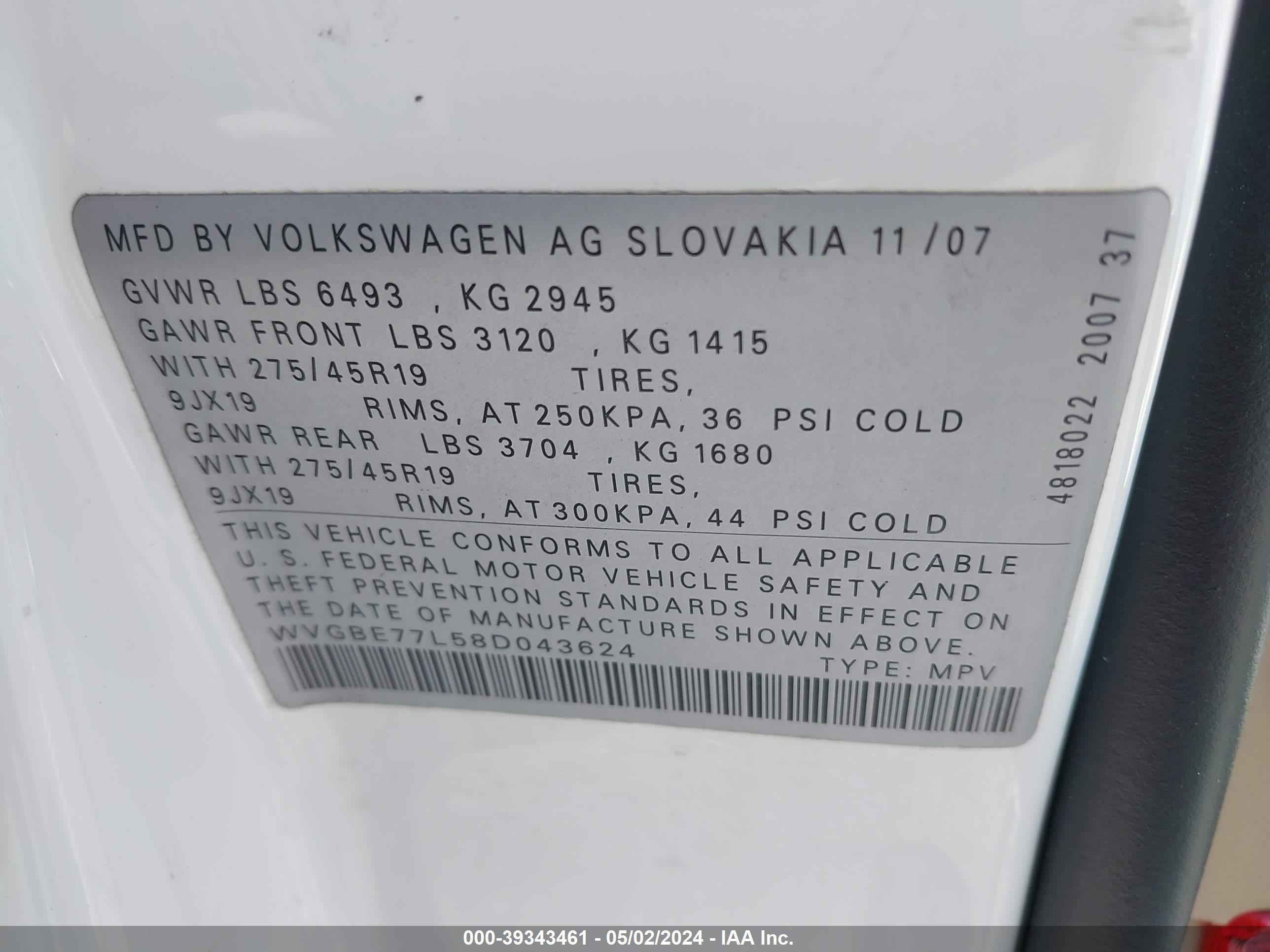 Photo 8 VIN: WVGBE77L58D043624 - VOLKSWAGEN TOUAREG 