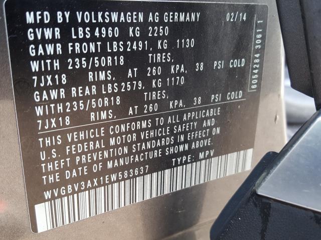 Photo 9 VIN: WVGBV3AX1EW583637 - VOLKSWAGEN TIGUAN S 