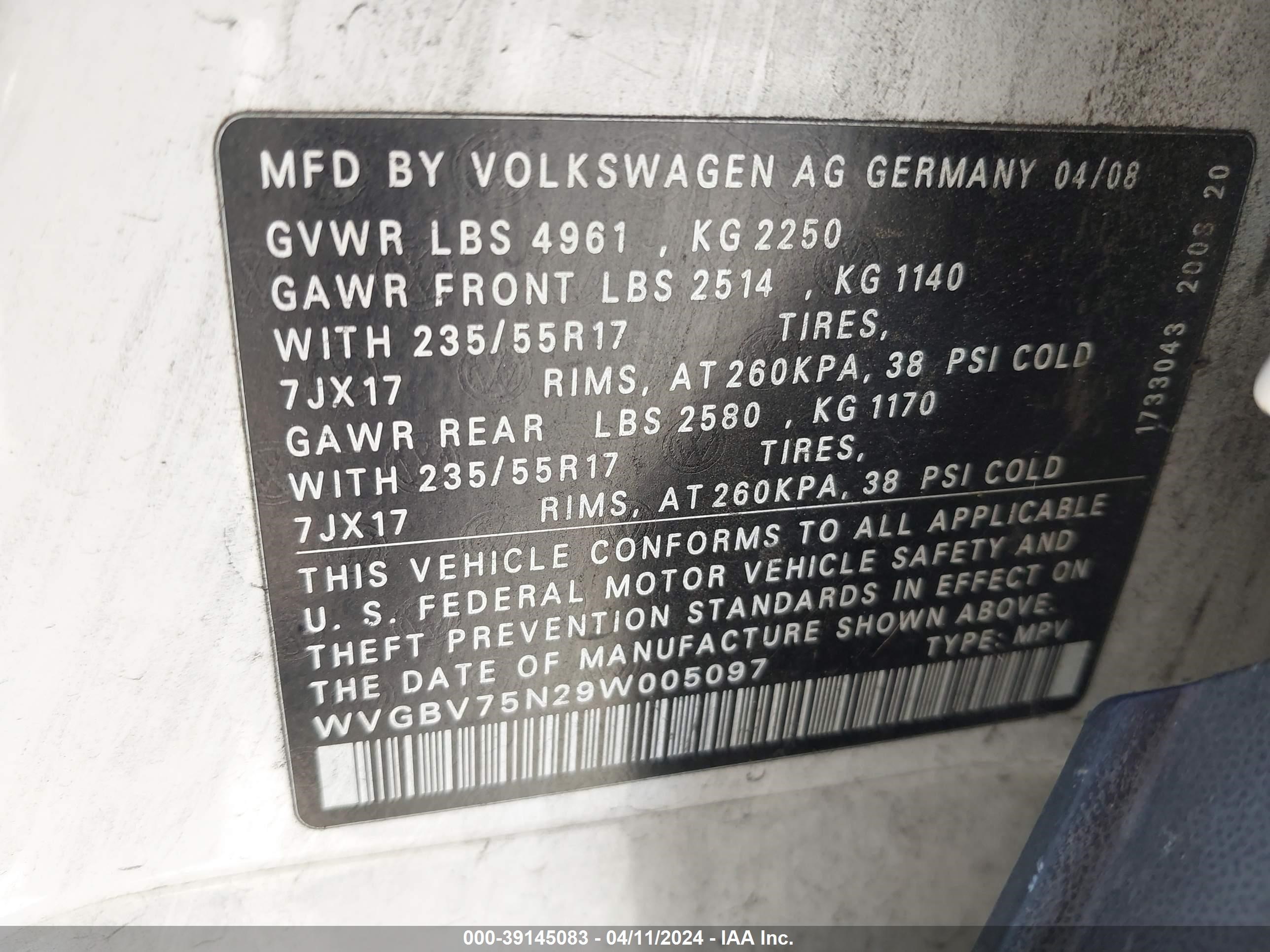 Photo 8 VIN: WVGBV75N29W005097 - VOLKSWAGEN TIGUAN 