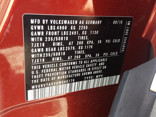 Photo 9 VIN: WVGBV7AX0GW044176 - VOLKSWAGEN TIGUAN S 