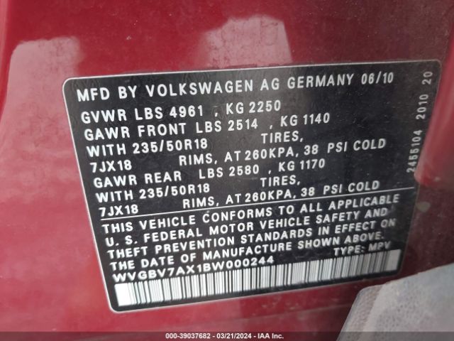 Photo 8 VIN: WVGBV7AX1BW000244 - VOLKSWAGEN TIGUAN 