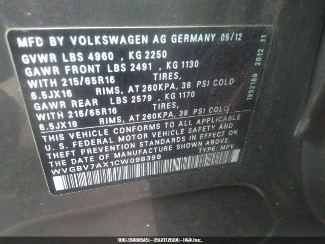 Photo 8 VIN: WVGBV7AX1CW098399 - VOLKSWAGEN TIGUAN 