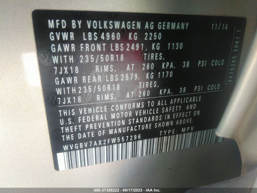 Photo 8 VIN: WVGBV7AX2FW557296 - VOLKSWAGEN TIGUAN 