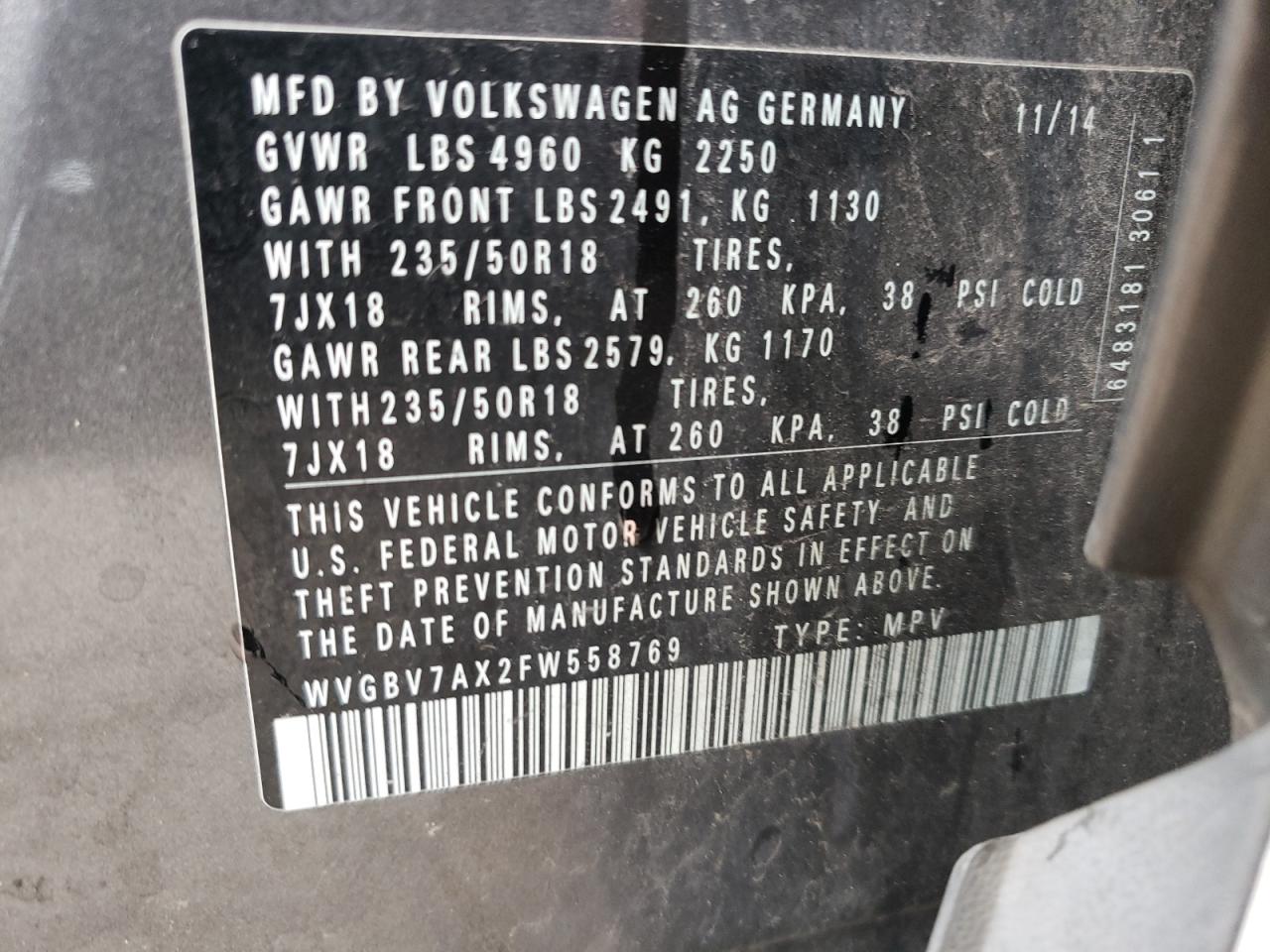 Photo 12 VIN: WVGBV7AX2FW558769 - VOLKSWAGEN TIGUAN 