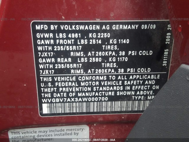 Photo 8 VIN: WVGBV7AX3AW000700 - VOLKSWAGEN TIGUAN 