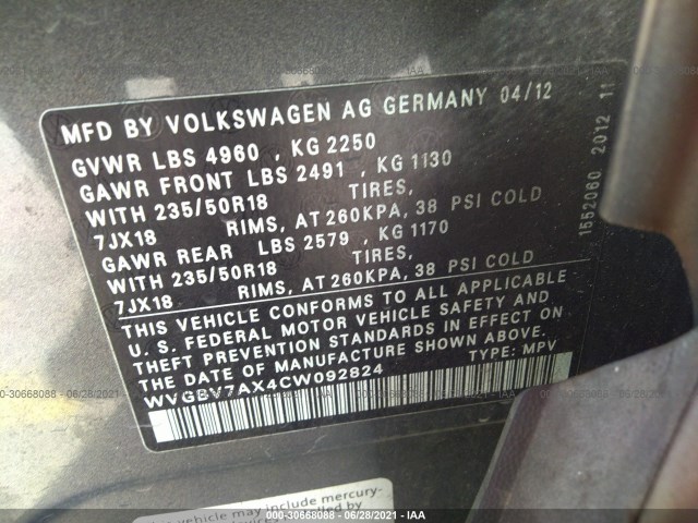 Photo 8 VIN: WVGBV7AX4CW092824 - VOLKSWAGEN TIGUAN 