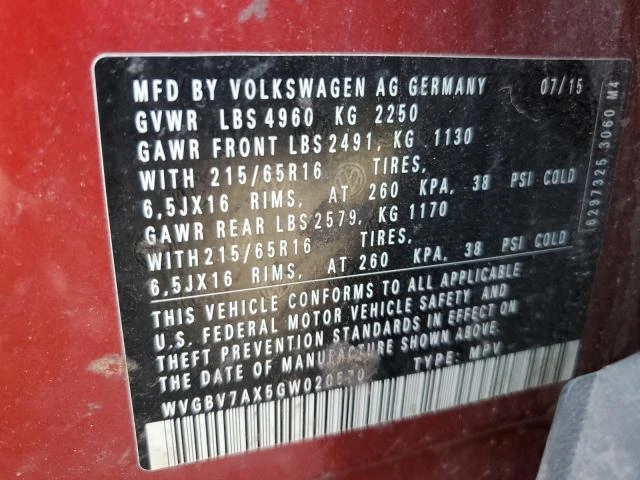 Photo 12 VIN: WVGBV7AX5GW020570 - VOLKSWAGEN TIGUAN S 