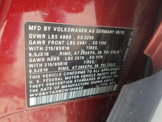 Photo 9 VIN: WVGBV7AX6CW100602 - VOLKSWAGEN TIGUAN 