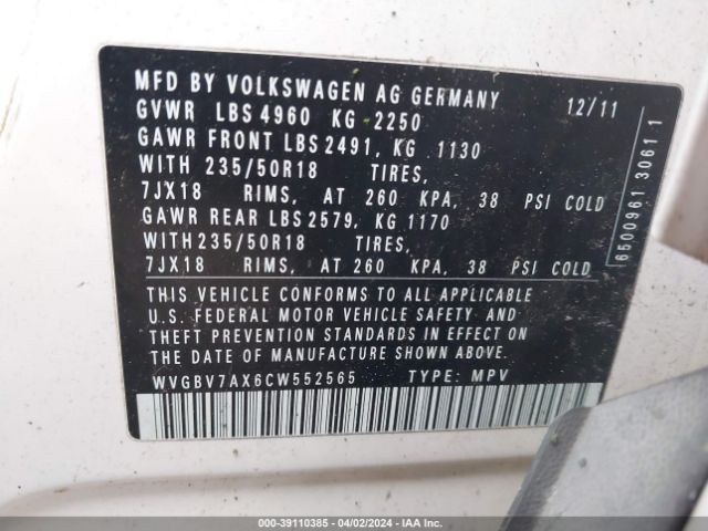 Photo 8 VIN: WVGBV7AX6CW552565 - VOLKSWAGEN TIGUAN 