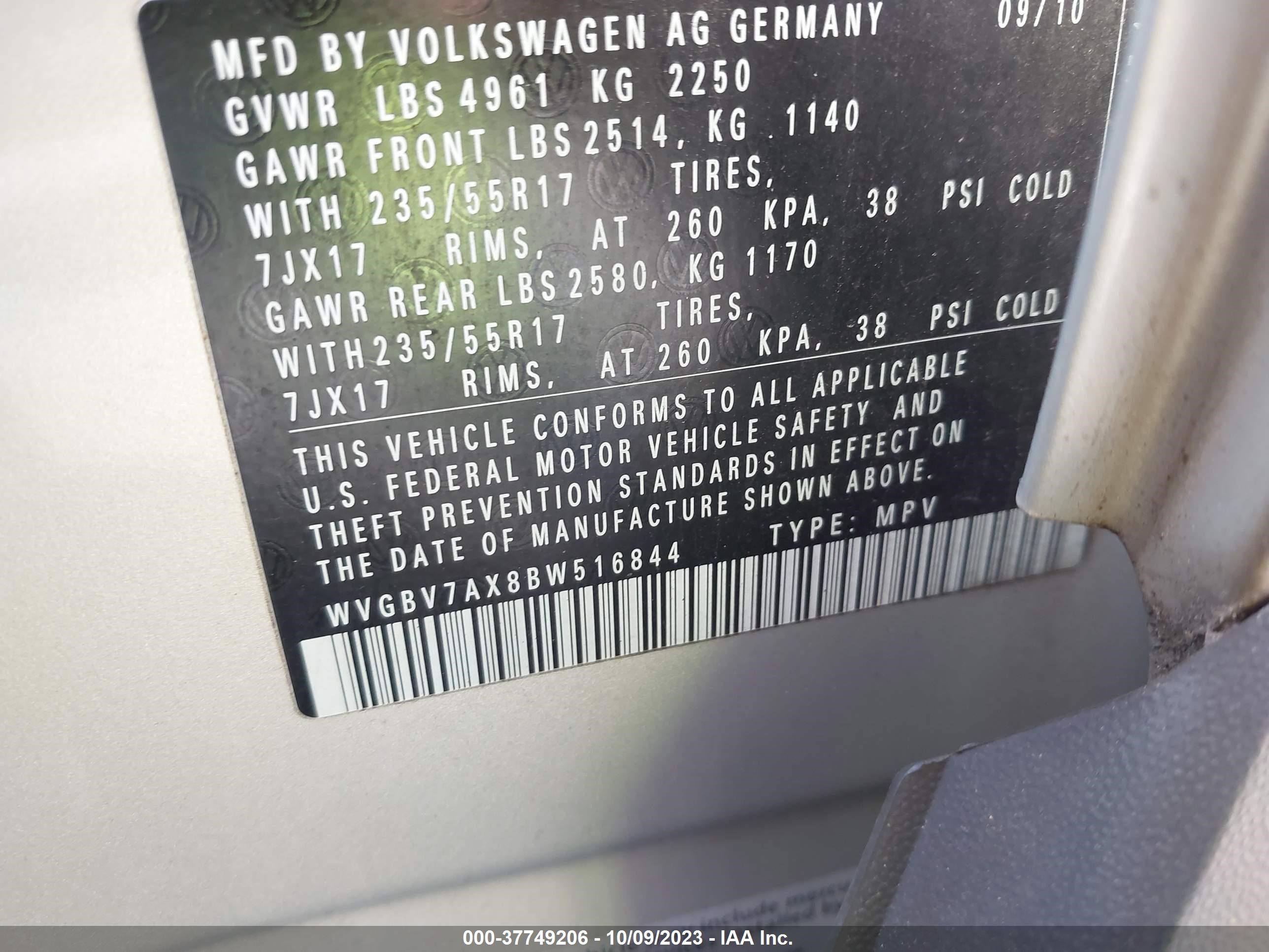 Photo 8 VIN: WVGBV7AX8BW516844 - VOLKSWAGEN TIGUAN 