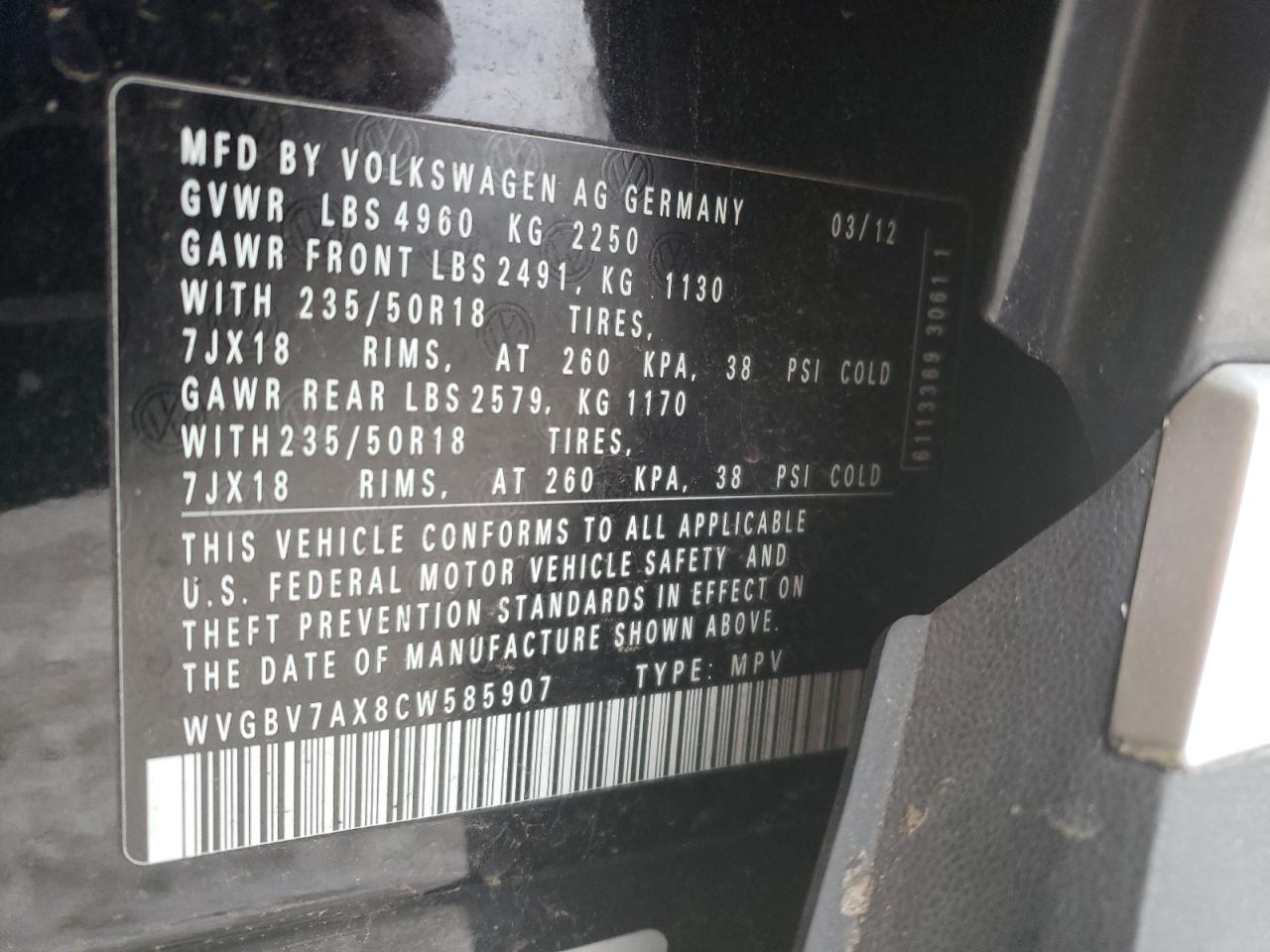 Photo 11 VIN: WVGBV7AX8CW585907 - VOLKSWAGEN TIGUAN 