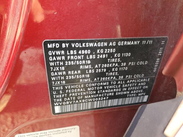 Photo 12 VIN: WVGBV7AX9CW003247 - VOLKSWAGEN TIGUAN S 