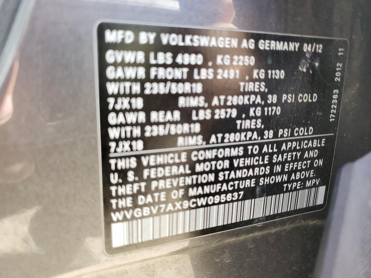 Photo 12 VIN: WVGBV7AX9CW095637 - VOLKSWAGEN TIGUAN 