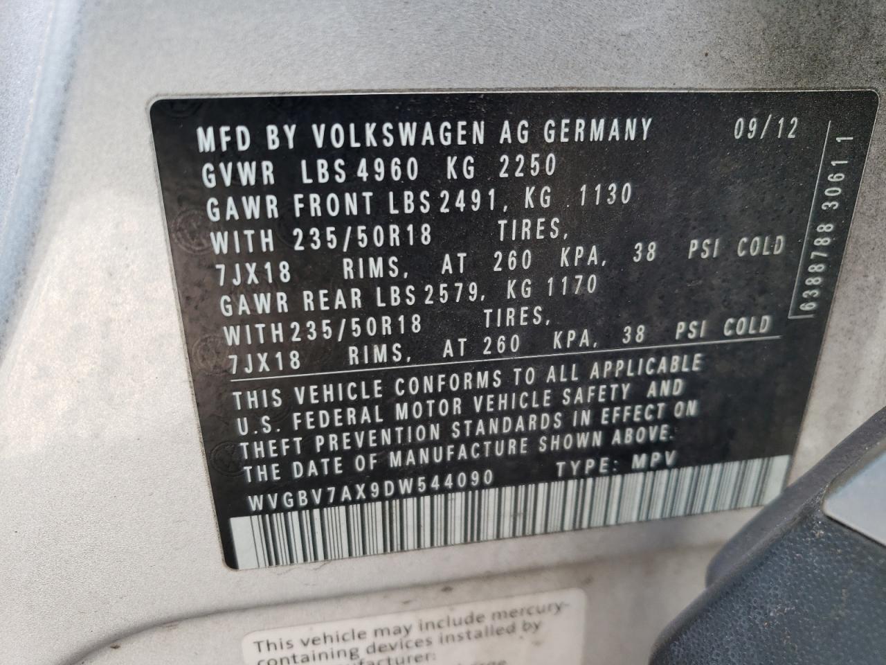 Photo 12 VIN: WVGBV7AX9DW544090 - VOLKSWAGEN TIGUAN 