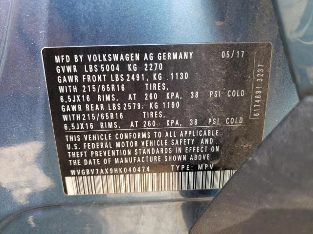 Photo 12 VIN: WVGBV7AX9HK040474 - VOLKSWAGEN TIGUAN S 