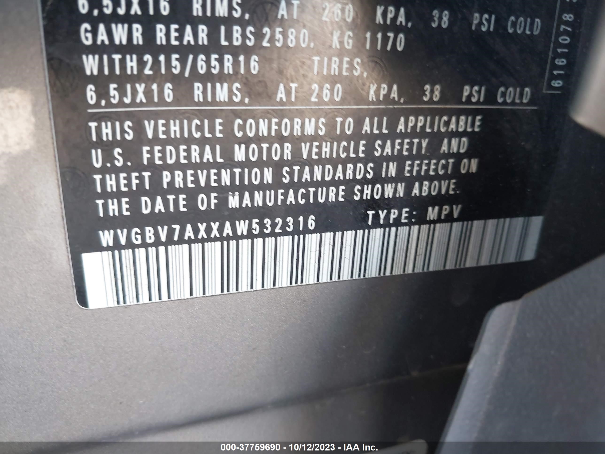 Photo 8 VIN: WVGBV7AXXAW532316 - VOLKSWAGEN TIGUAN 