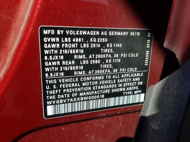 Photo 9 VIN: WVGBV7AXXBW000016 - VOLKSWAGEN TIGUAN S 