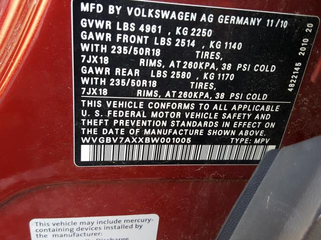 Photo 9 VIN: WVGBV7AXXBW001005 - VOLKSWAGEN TIGUAN 