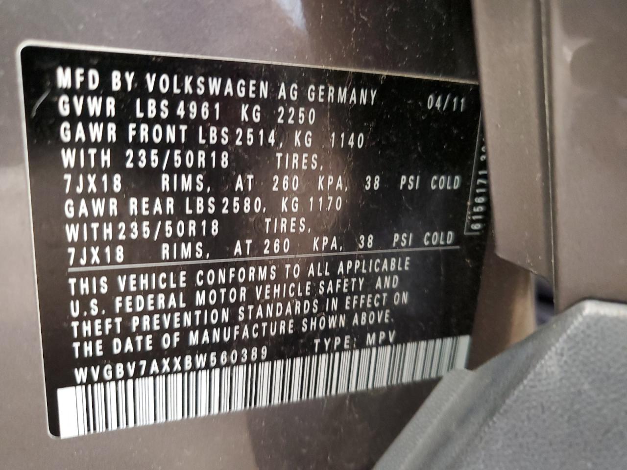 Photo 11 VIN: WVGBV7AXXBW560389 - VOLKSWAGEN TIGUAN 