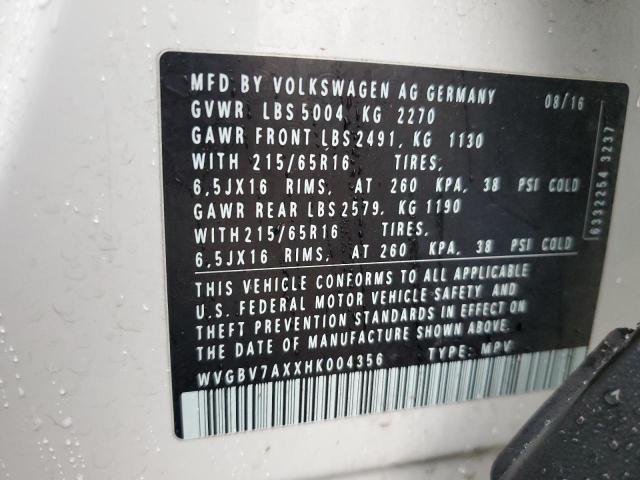 Photo 13 VIN: WVGBV7AXXHK004356 - VOLKSWAGEN TIGUAN S 