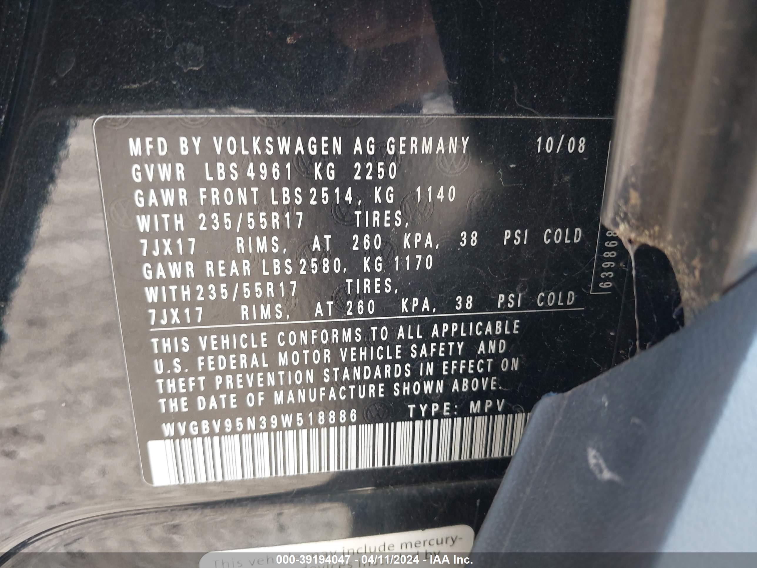 Photo 8 VIN: WVGBV95N39W518886 - VOLKSWAGEN TIGUAN 