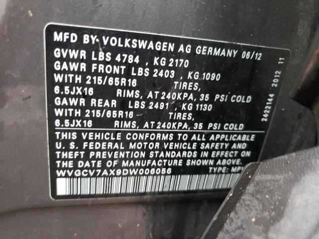 Photo 12 VIN: WVGCV7AX9DW006056 - VOLKSWAGEN TIGUAN S 