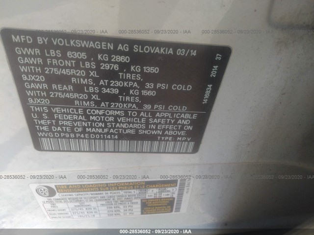 Photo 8 VIN: WVGDP9BP4ED011414 - VOLKSWAGEN TOUAREG 