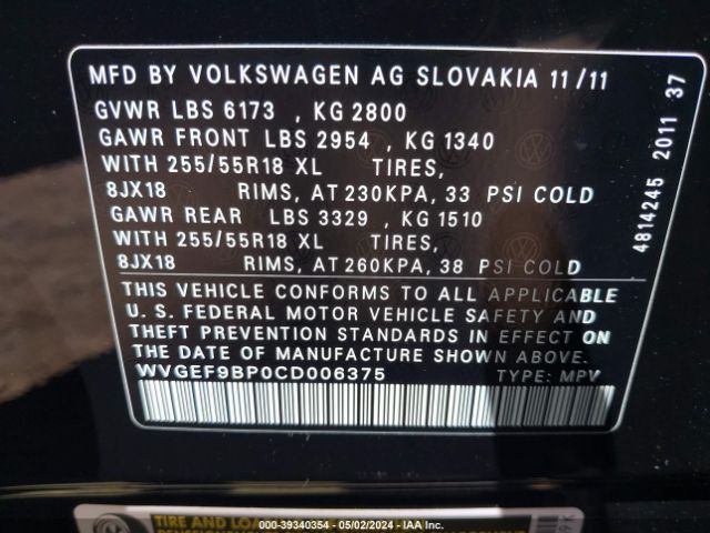 Photo 8 VIN: WVGEF9BP0CD006375 - VOLKSWAGEN TOUAREG 