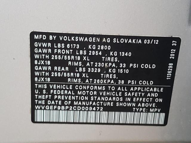 Photo 9 VIN: WVGEF9BP2CD009472 - VOLKSWAGEN TOUAREG 