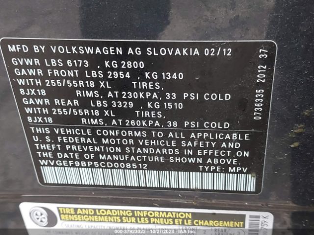 Photo 8 VIN: WVGEF9BP5CD008512 - VOLKSWAGEN TOUAREG 