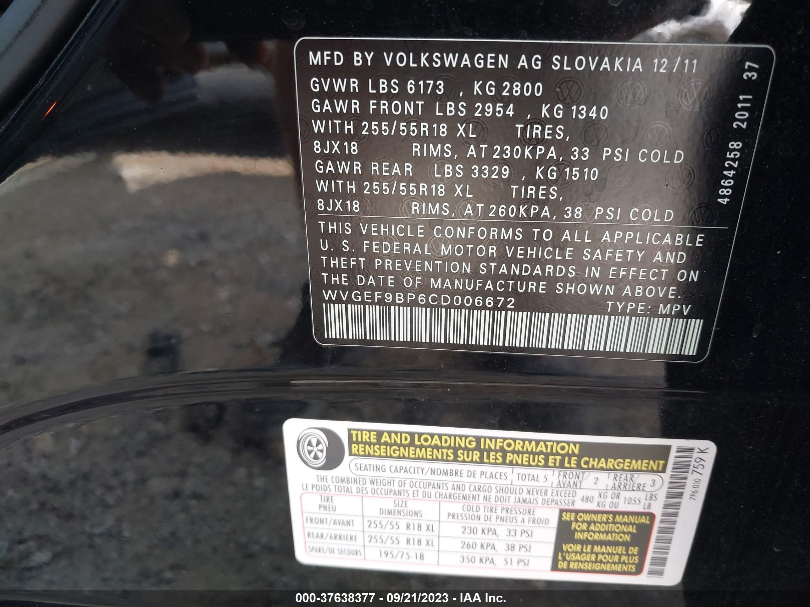 Photo 8 VIN: WVGEF9BP6CD006672 - VOLKSWAGEN TOUAREG 