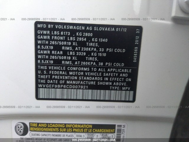 Photo 8 VIN: WVGEF9BP6CD007921 - VOLKSWAGEN TOUAREG 